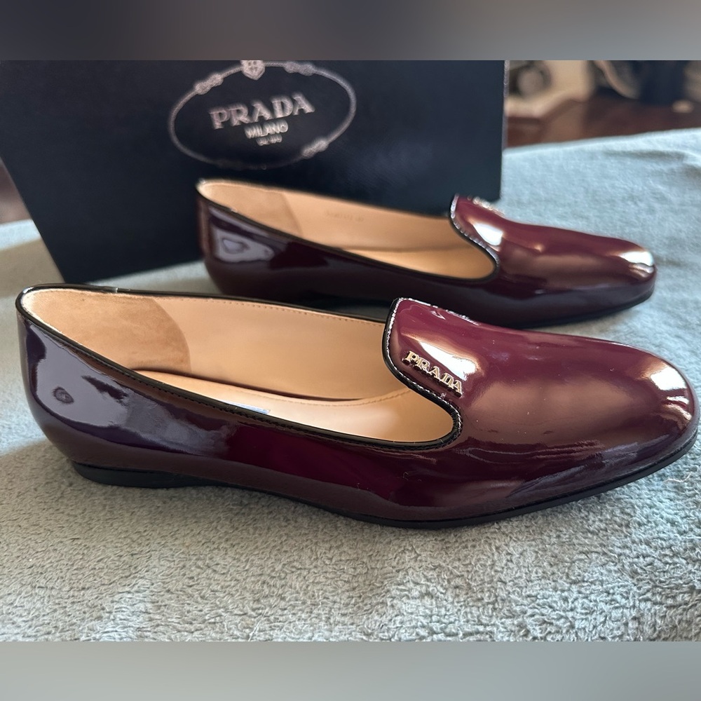 Prada Burgundy Patent Leather Flats Loafers